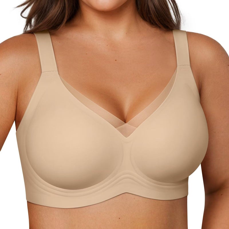 Vertvie Wireless Bras Women Seamless Jelly Supportive Mesh Crossover Bra No Underwire Push Up Full Coverage T-Shirt Bralette(Semolina,X-Large) - Image 1