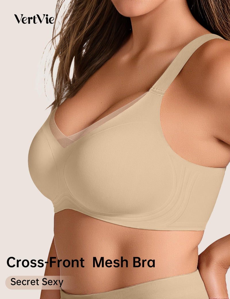 Vertvie Wireless Bras Women Seamless Jelly Supportive Mesh Crossover Bra No Underwire Push Up Full Coverage T-Shirt Bralette(Semolina,X-Large) - Image 4