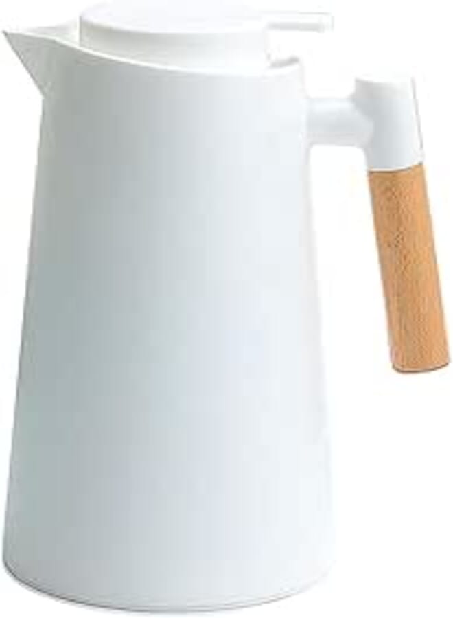 Soko HeritageWood 1 Litre Thermal Carafes Coffee/Tea,24 Hours Heat Retention,Double Insulated Vacuum Flask/Jug/Dispenser/Kettle for hot & Cold Beverage with Wood Handle LS-057 (White)