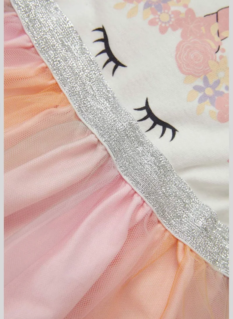 DeFacto Short Sleeve Unicorn Print Tulle Dress