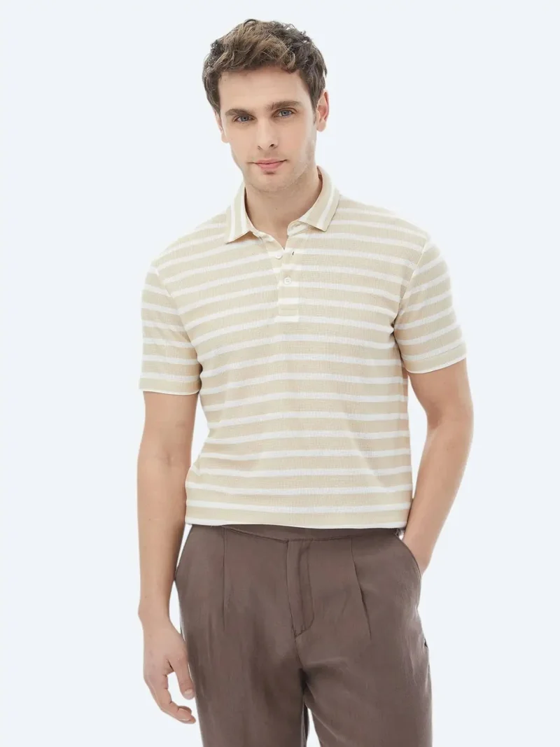 Kip Beige Striped Polo Neck Cotton Blended T-Shirt