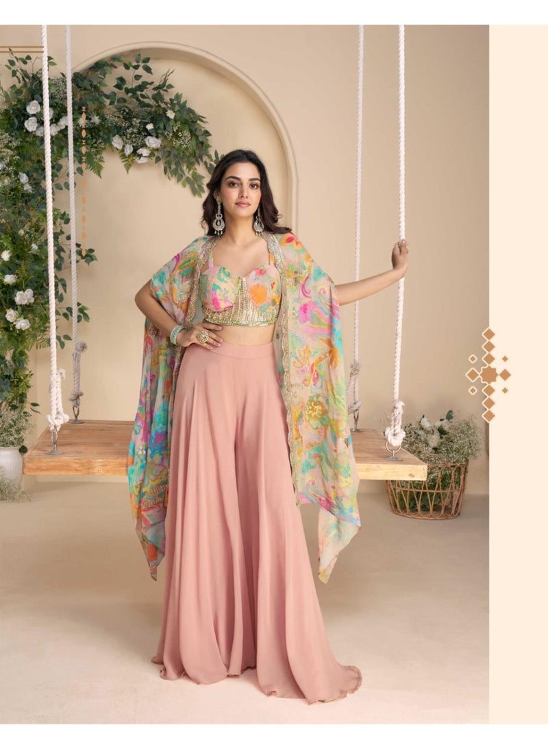 HAND AND BEEDS WORK EMBROIDERED BLOUSE WITH PLAZZO AND DUPATTA