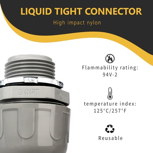 HDHAODA Conduit Connectors, 3/4 Inch Liquid Tight Connector NPT Non-Metallic for PVC Electrical Flexible Conduit Fittings, 180 Degree Straight, UL Listed for Home Outdoor Tubes Tools, Grey (5-Pack) - Image 4