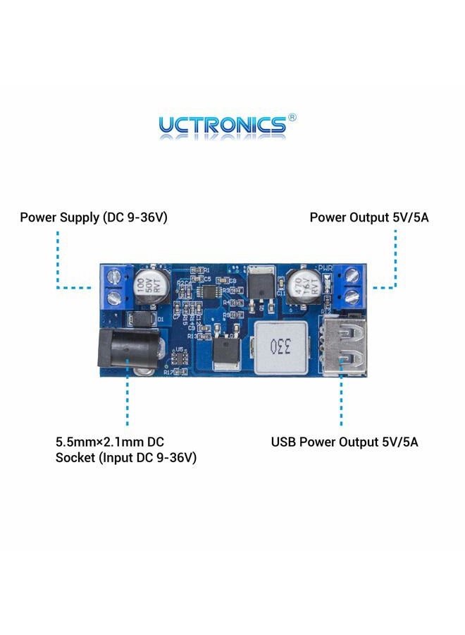 UCTRONICS DC 9V 12V 24V to DC 5V 5A Buck Converter Module, 9-36V Step Down to USB 5V Transformer Dual Output Voltage Regulator Board [2 Pack] - Image 2