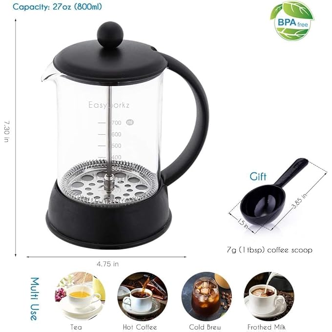EASYWORKZ Eclipse French Press 800 Ml Coffee Tea Maker With Borosilicate Glass - Image 2