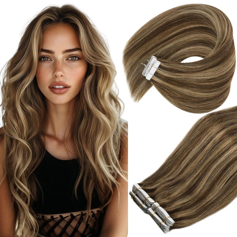 Ve Sunny Tape in Hair Extensions Real Human Hair Invisible Remy Human Hair Straight Tape Ins Double Sided Dark Brown Highlight Caramel Blonde 18 inch 20Pcs 50G
