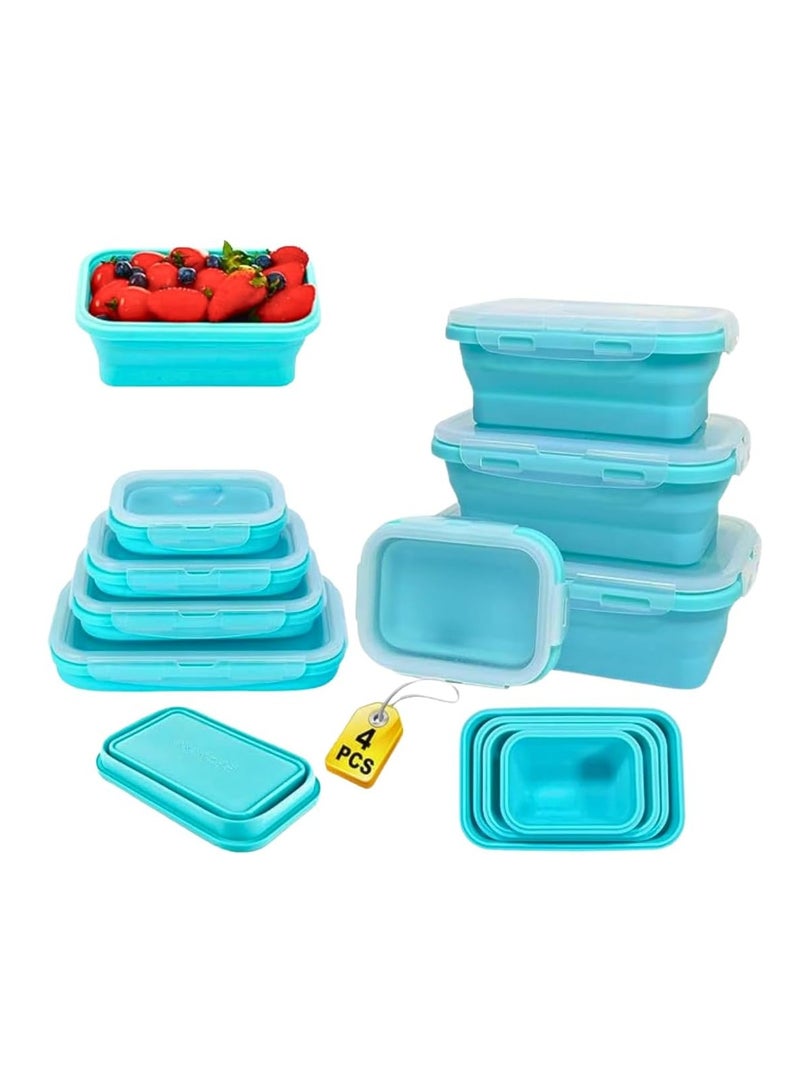 4 Pack Collapsible Silicone Food Storage Containers with Lids, Stackable Flat Bins, Microwave Safe for Keeping Food Fresh in Fridge, Rectangular Design, Heat Resistant up to 230 Degrees Blue - Image 1