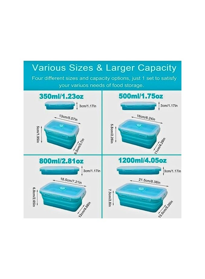 4 Pack Collapsible Silicone Food Storage Containers with Lids, Stackable Flat Bins, Microwave Safe for Keeping Food Fresh in Fridge, Rectangular Design, Heat Resistant up to 230 Degrees Blue - Image 4