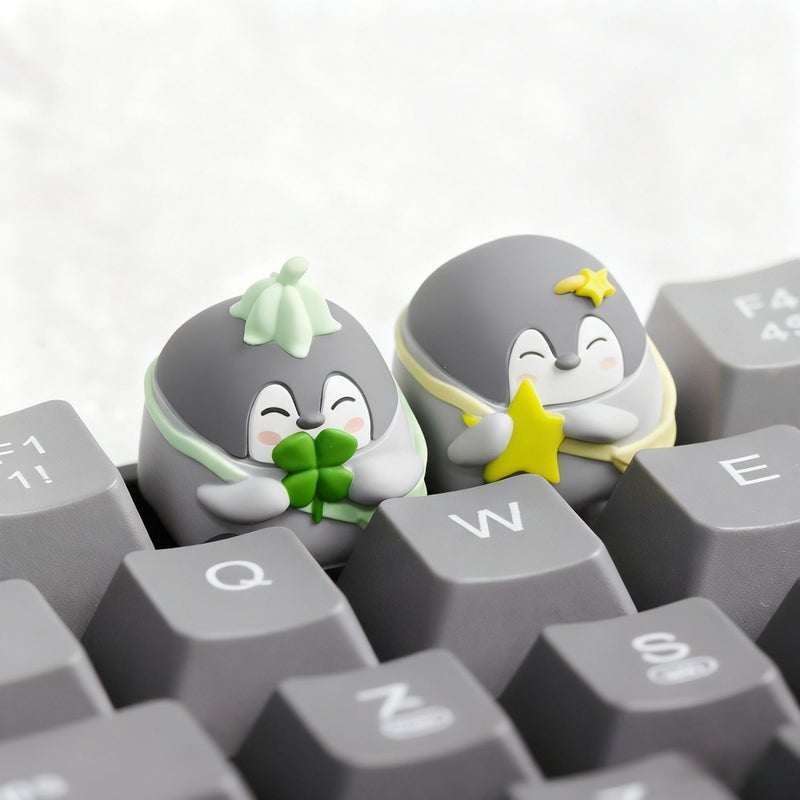 Yellow Smiling Penguin Mechanical Keyboard Keycaps With Four Leaf Clover And Star - Image 3