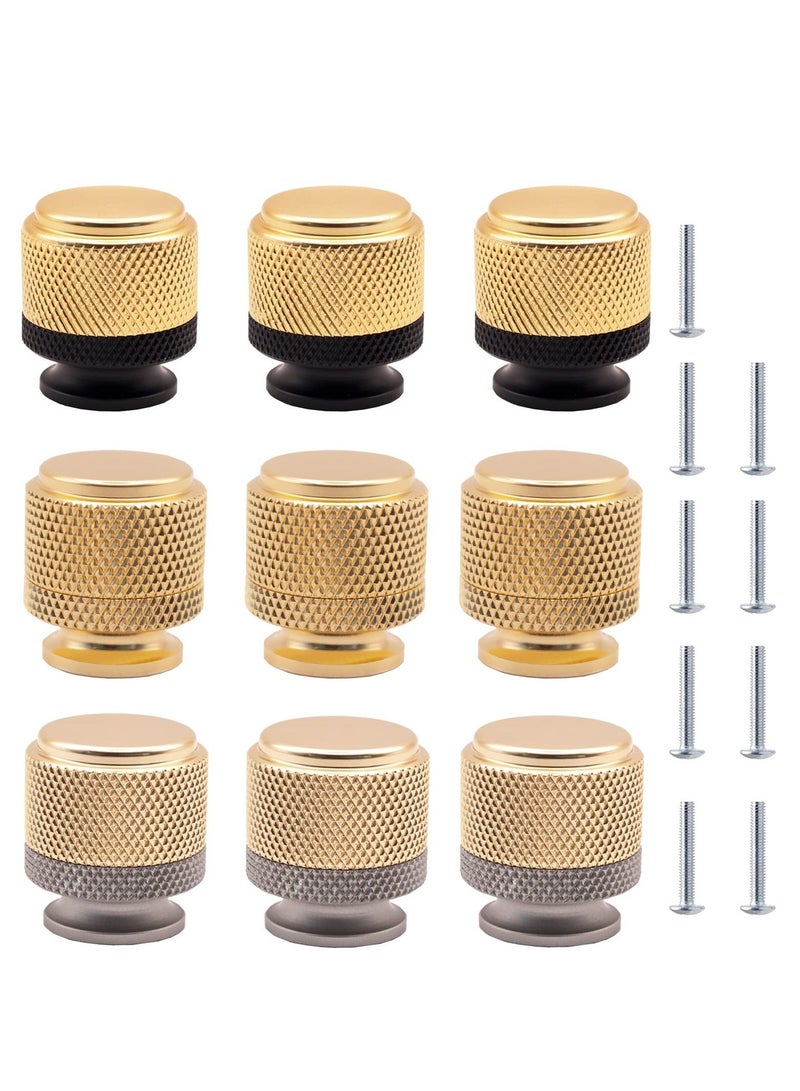 Y&D Cabinet Knobs 9pcs 1inche Drawer Knob Aluminum Knurled Round Kitchen Gold and Grey Oxidation Finish with Diamond Decorative for Cupboard Vanity Dressers Cabinets Furniture  - Image 1