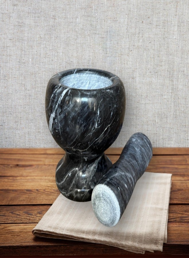 ذاي كوليكتبلز طقم هاون ومدقة من الرخام الطبيعي من THY Collectibles، وعاء طحن حجري للتوابل والأعشاب والثوم والجواكامولي والصلصة والمكسرات، وعاء مولكاجيتي للمطبخ والطبخ (رخام أسود، قطر 4 بوصات). - Image 4