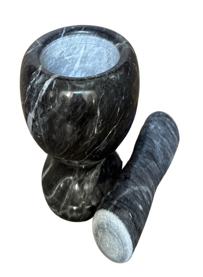 ذاي كوليكتبلز طقم هاون ومدقة من الرخام الطبيعي من THY Collectibles، وعاء طحن حجري للتوابل والأعشاب والثوم والجواكامولي والصلصة والمكسرات، وعاء مولكاجيتي للمطبخ والطبخ (رخام أسود، قطر 4 بوصات). - Image 5