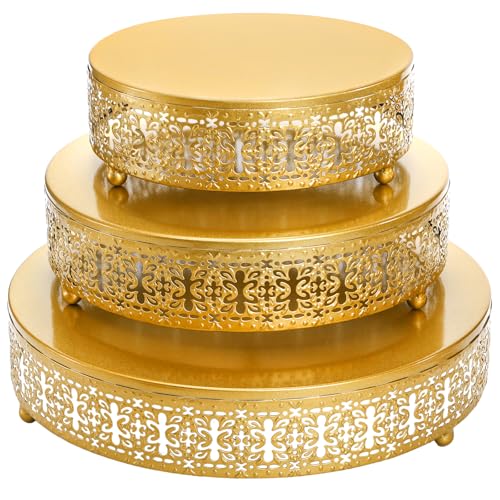 Youeon Gold Round Cake Stand Set of 3 12108 Inch Metal Hollow Cake Pedestals with Low Feet Dessert Display Stands for Wedding Birthday Party Anniversary Holiday Entertaining - Image 1