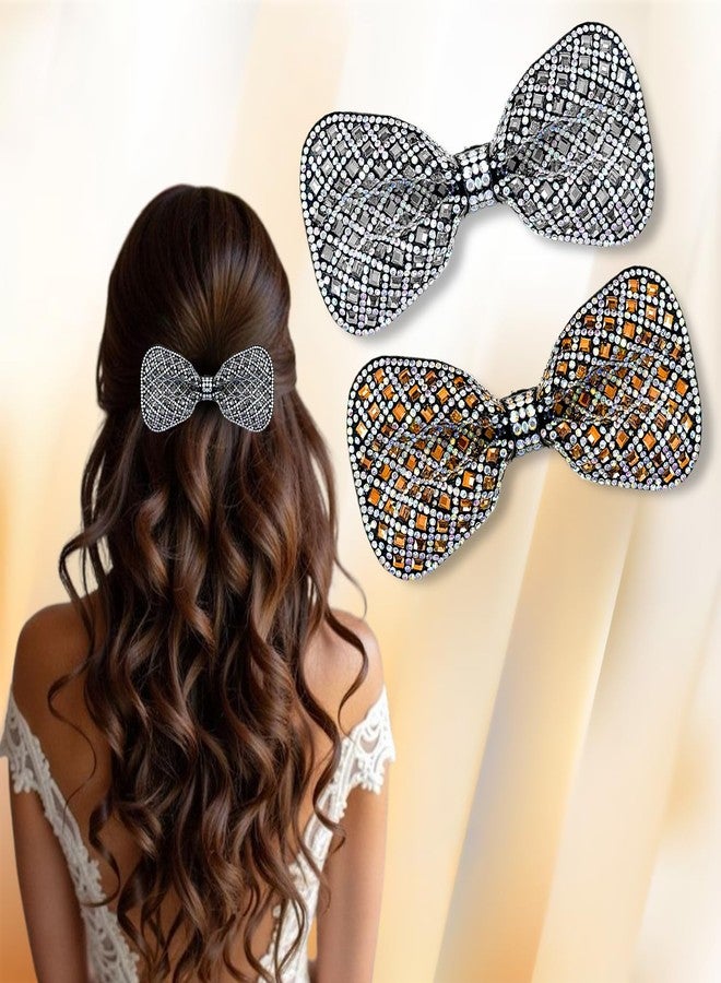 LYKAA 2 Pcs Bow Hair Clip Premium Sparkling Rhinestone Embellished Glam Hair Accessories for Girls & Women | Glitter Finish Fancy Hairpins for Weddings & Party Occasions Valentine Gift for women | Crystal Hair Bow Barrette Clip | Handmade Alligators Bow Fancy Hair Clips - ( Pack of 2, Golden Silver ) - Image 1