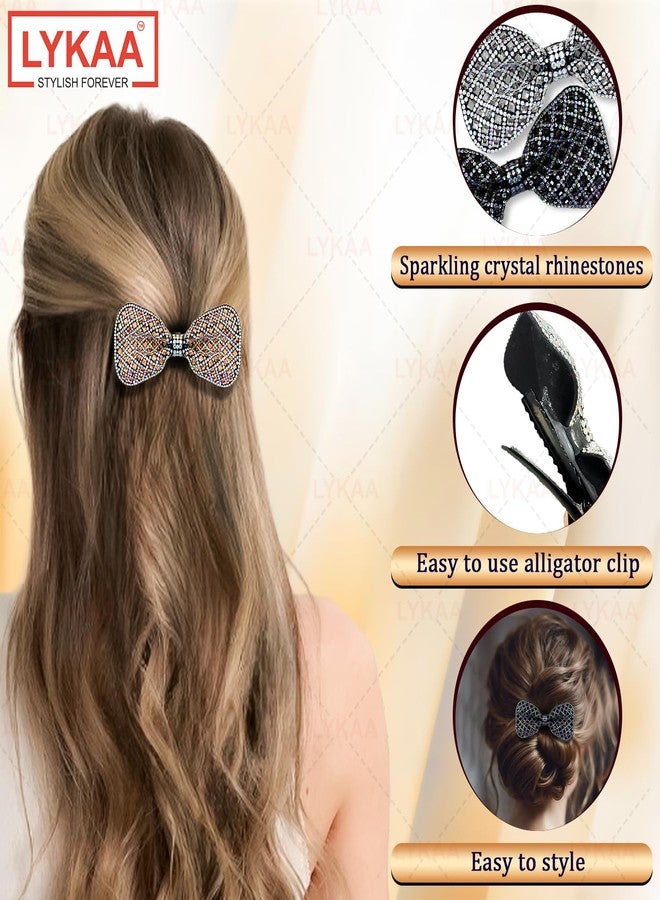 LYKAA 2 Pcs Bow Hair Clip Premium Sparkling Rhinestone Embellished Glam Hair Accessories for Girls & Women | Glitter Finish Fancy Hairpins for Weddings & Party Occasions Valentine Gift for women | Crystal Hair Bow Barrette Clip | Handmade Alligators Bow Fancy Hair Clips - ( Pack of 2, Golden Silver ) - Image 3