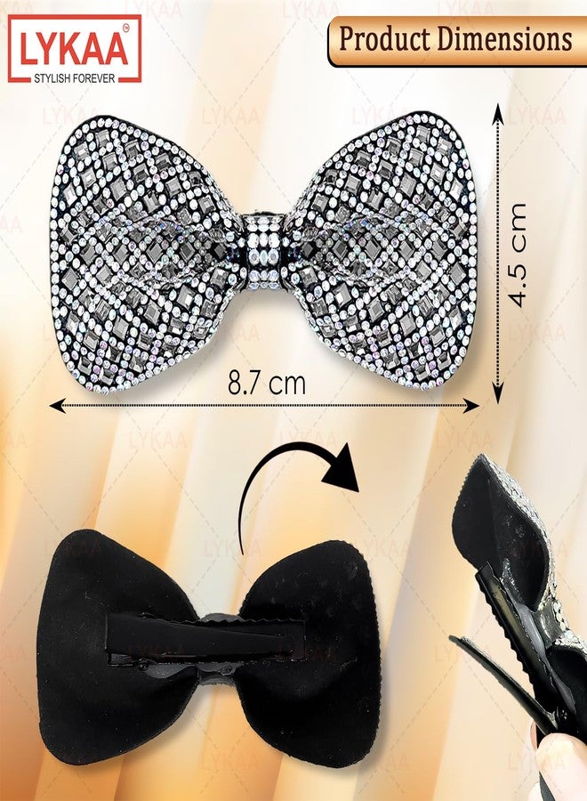 LYKAA 2 Pcs Bow Hair Clip Premium Sparkling Rhinestone Embellished Glam Hair Accessories for Girls & Women | Glitter Finish Fancy Hairpins for Weddings & Party Occasions Valentine Gift for women | Crystal Hair Bow Barrette Clip | Handmade Alligators Bow Fancy Hair Clips - ( Pack of 2, Golden Silver ) - Image 2