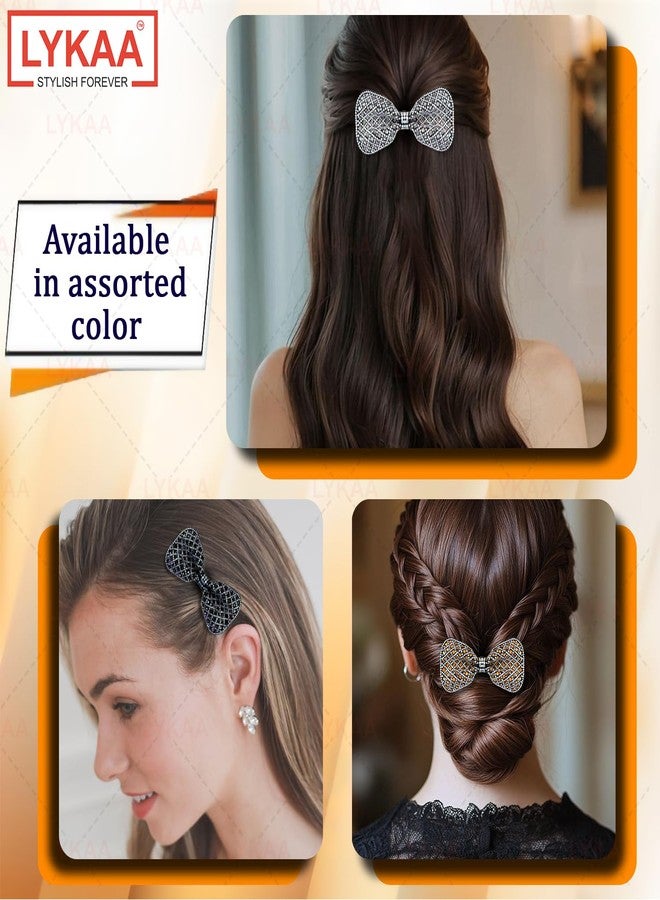 LYKAA 2 Pcs Bow Hair Clip Premium Sparkling Rhinestone Embellished Glam Hair Accessories for Girls & Women | Glitter Finish Fancy Hairpins for Weddings & Party Occasions Valentine Gift for women | Crystal Hair Bow Barrette Clip | Handmade Alligators Bow Fancy Hair Clips - ( Pack of 2, Golden Silver ) - Image 4