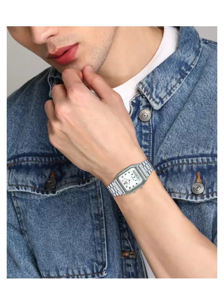 كاسيو ساعة فينتاج AQ-230A-7BHDF بمينا ابيض وبسوار ستانلس ستيل فضي انالوج-رقمي - للرجال - Image 2