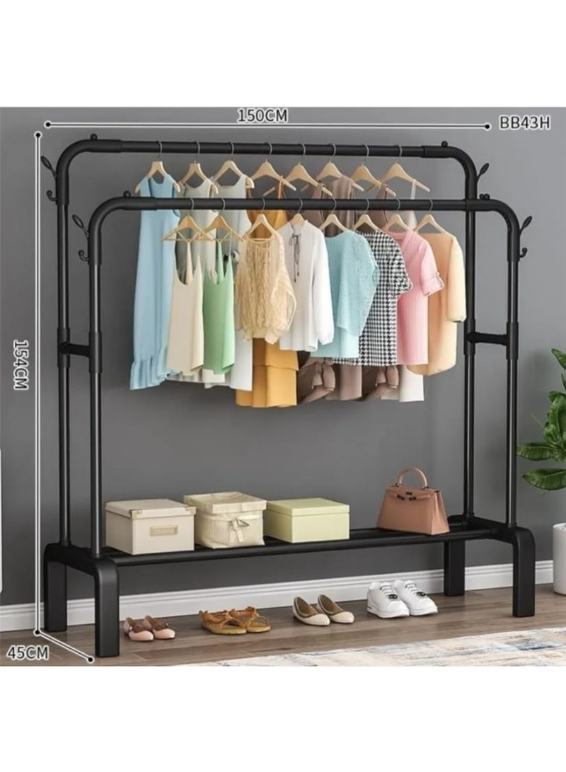 Fixed Double Rail Garment Rack Without Wheels Heavy Duty Metal Clothes Hanger Stand Storage Organizer for Clothes Coats Dresses Shoes Bedroom Laundry Home Black Clothing Rack - Image 1