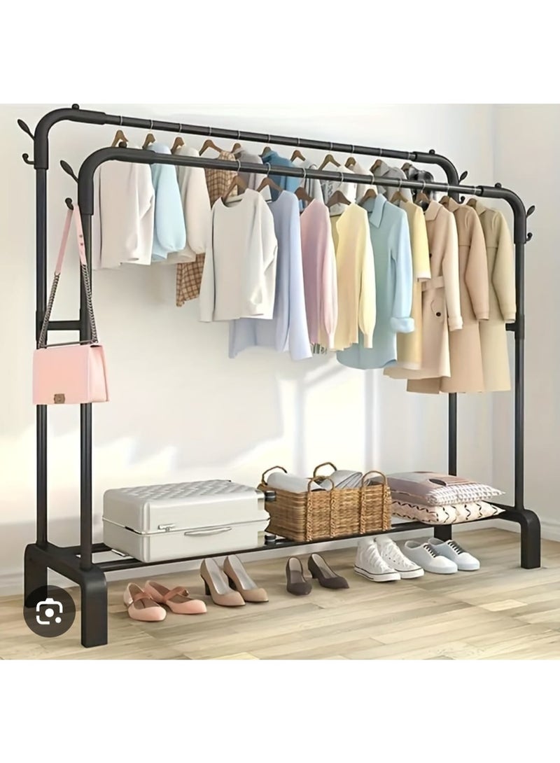 Fixed Double Rail Garment Rack Without Wheels Heavy Duty Metal Clothes Hanger Stand Storage Organizer for Clothes Coats Dresses Shoes Bedroom Laundry Home Black Clothing Rack - Image 2