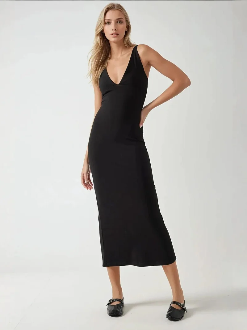 HICCUP Slim Fit V-Neck Basic Midi Dress