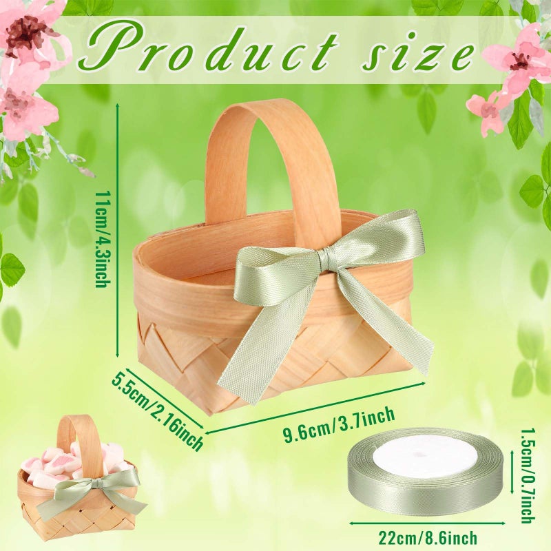 Geelin 12 Pcs Mini Flower Girl Basket Mini Woven Baskets with Pearl Handles Wood Chip Flower Fruit Picnic Holder with Sage Green Ribbon Smell Gifts Bucket for Wedding Party Gifts Birthday Decoration - Image 3