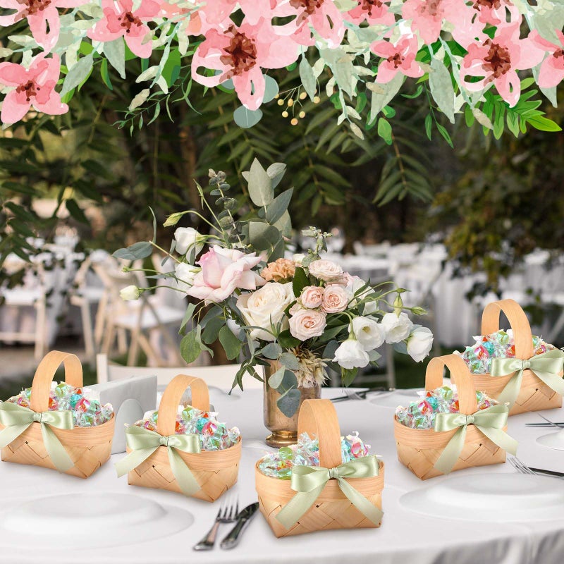 Geelin 12 Pcs Mini Flower Girl Basket Mini Woven Baskets with Pearl Handles Wood Chip Flower Fruit Picnic Holder with Sage Green Ribbon Smell Gifts Bucket for Wedding Party Gifts Birthday Decoration - Image 4