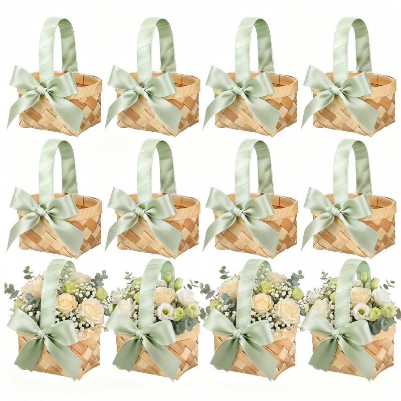 Geelin 12 Pcs Mini Flower Girl Basket Mini Woven Baskets with Pearl Handles Wood Chip Flower Fruit Picnic Holder with Sage Green Ribbon Smell Gifts Bucket for Wedding Party Gifts Birthday Decoration - Image 1