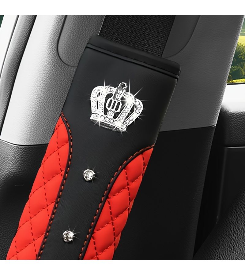 Pink 2Pcs Diamond Crown Car Seat Belt Shoulder Pads PU Leather Quilted Protector - Image 3
