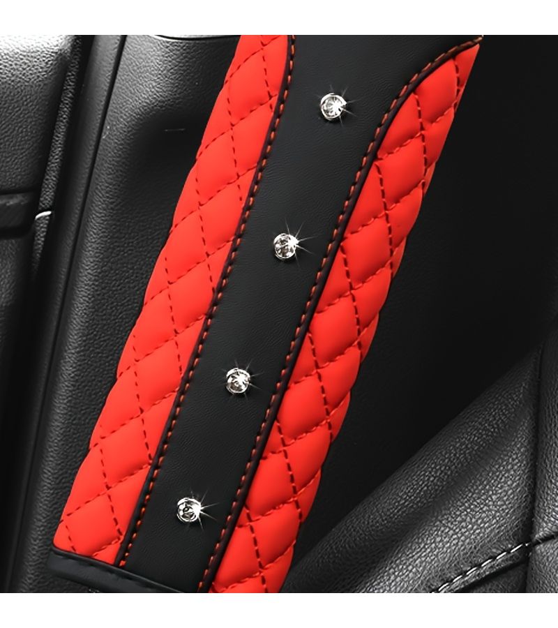 Pink 2Pcs Diamond Crown Car Seat Belt Shoulder Pads PU Leather Quilted Protector - Image 4