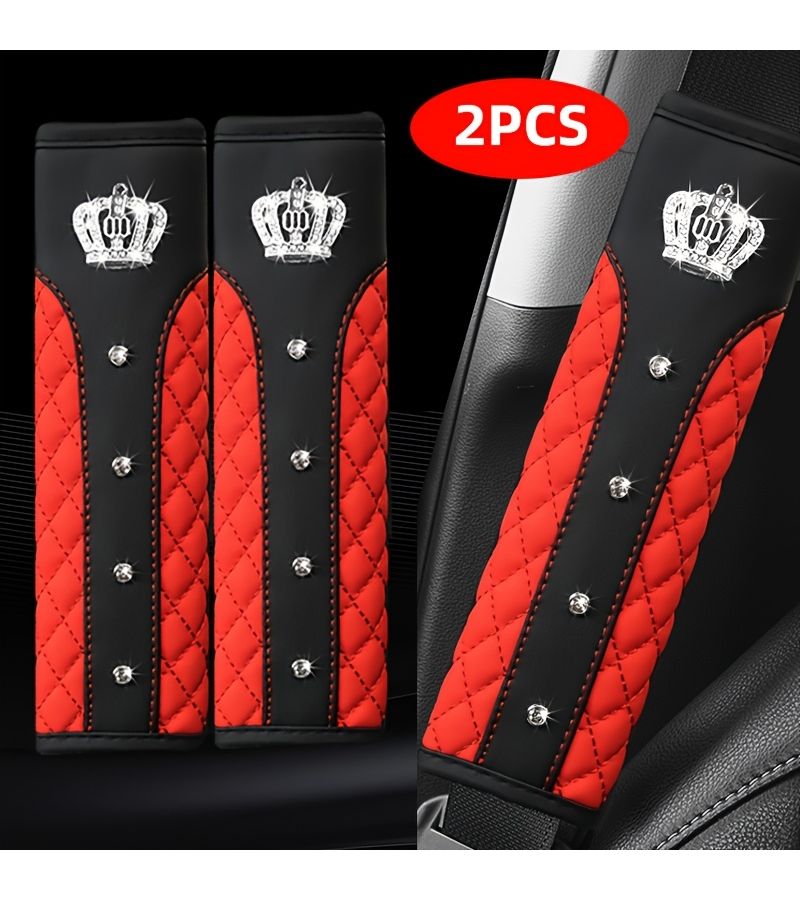 Pink 2Pcs Diamond Crown Car Seat Belt Shoulder Pads PU Leather Quilted Protector - Image 1