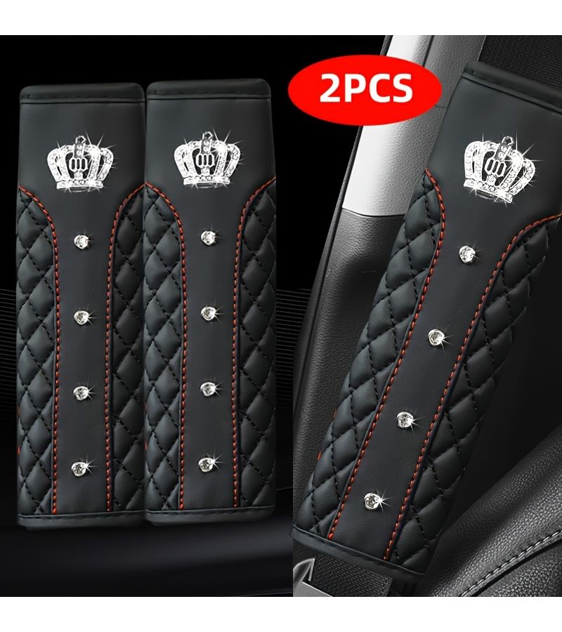 Pink 2Pcs Diamond Crown Car Seat Belt Shoulder Pads PU Leather Quilted Protector - Image 5