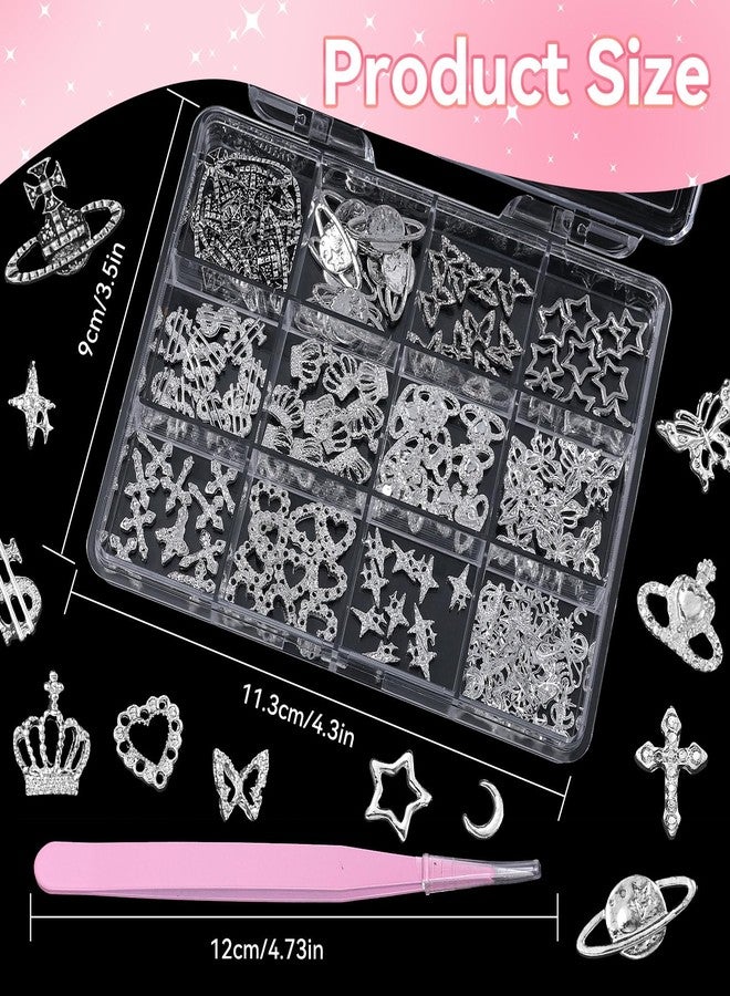 CESUSME 150 Pcs Silver Nail Charms Y2K, 3D Star Cross Crown Planet Nail Art Charms, Punk Butterfly Dollar Alloy Nail Jewelry, Moon Nail Studs Charms for Nails Design DIY Accessories - Image 4