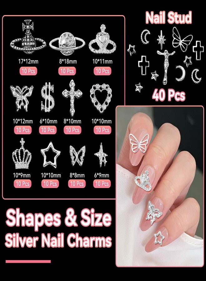CESUSME 150 Pcs Silver Nail Charms Y2K, 3D Star Cross Crown Planet Nail Art Charms, Punk Butterfly Dollar Alloy Nail Jewelry, Moon Nail Studs Charms for Nails Design DIY Accessories - Image 3