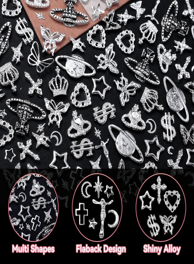 CESUSME 150 Pcs Silver Nail Charms Y2K, 3D Star Cross Crown Planet Nail Art Charms, Punk Butterfly Dollar Alloy Nail Jewelry, Moon Nail Studs Charms for Nails Design DIY Accessories - Image 5