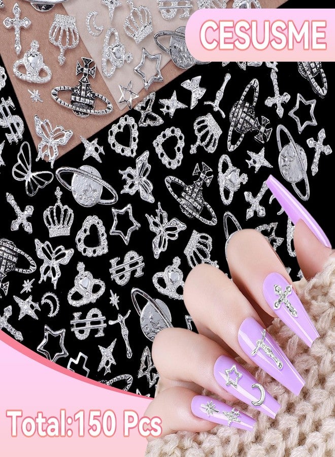 CESUSME 150 Pcs Silver Nail Charms Y2K, 3D Star Cross Crown Planet Nail Art Charms, Punk Butterfly Dollar Alloy Nail Jewelry, Moon Nail Studs Charms for Nails Design DIY Accessories - Image 2