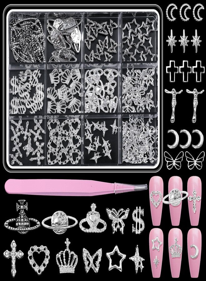 CESUSME 150 Pcs Silver Nail Charms Y2K, 3D Star Cross Crown Planet Nail Art Charms, Punk Butterfly Dollar Alloy Nail Jewelry, Moon Nail Studs Charms for Nails Design DIY Accessories - Image 1