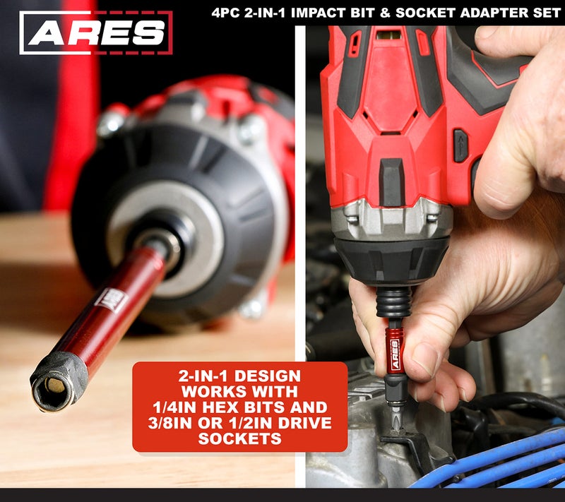 ARES 22028 – 2-in-1 Impact Bit and Socket Adapter Set – 3-Inch and 8-Inch Adapters - Unique Design Holds Standard 1/4-Inch Hex Bits and 3/8-Inch Drive Sockets – Spinning Sleeve Stabilizes Adapter - Image 4
