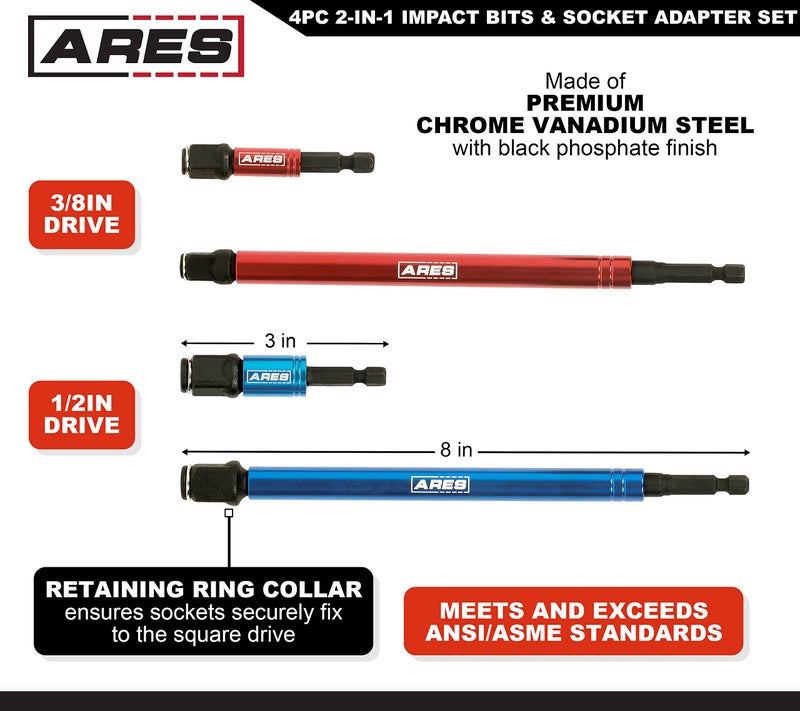 ARES 22028 – 2-in-1 Impact Bit and Socket Adapter Set – 3-Inch and 8-Inch Adapters - Unique Design Holds Standard 1/4-Inch Hex Bits and 3/8-Inch Drive Sockets – Spinning Sleeve Stabilizes Adapter - Image 2
