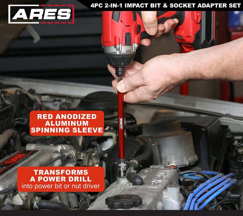 ARES 22028 – 2-in-1 Impact Bit and Socket Adapter Set – 3-Inch and 8-Inch Adapters - Unique Design Holds Standard 1/4-Inch Hex Bits and 3/8-Inch Drive Sockets – Spinning Sleeve Stabilizes Adapter - Image 3