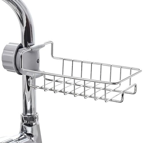 MeeTo Stainless Steel Sink Caddy Organizer, Tap Organiser Clip Storage Rack Practical Home Kitchen Drain Rack with Towel Holder for Soap- Pack of 1 - Image 1
