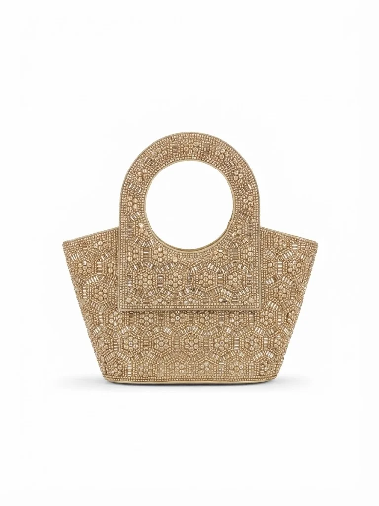 Viny Women's Crystal Medallion Clutch Bag – Floral Beaded Design with Ring Handle & Detachable Chain Strap
