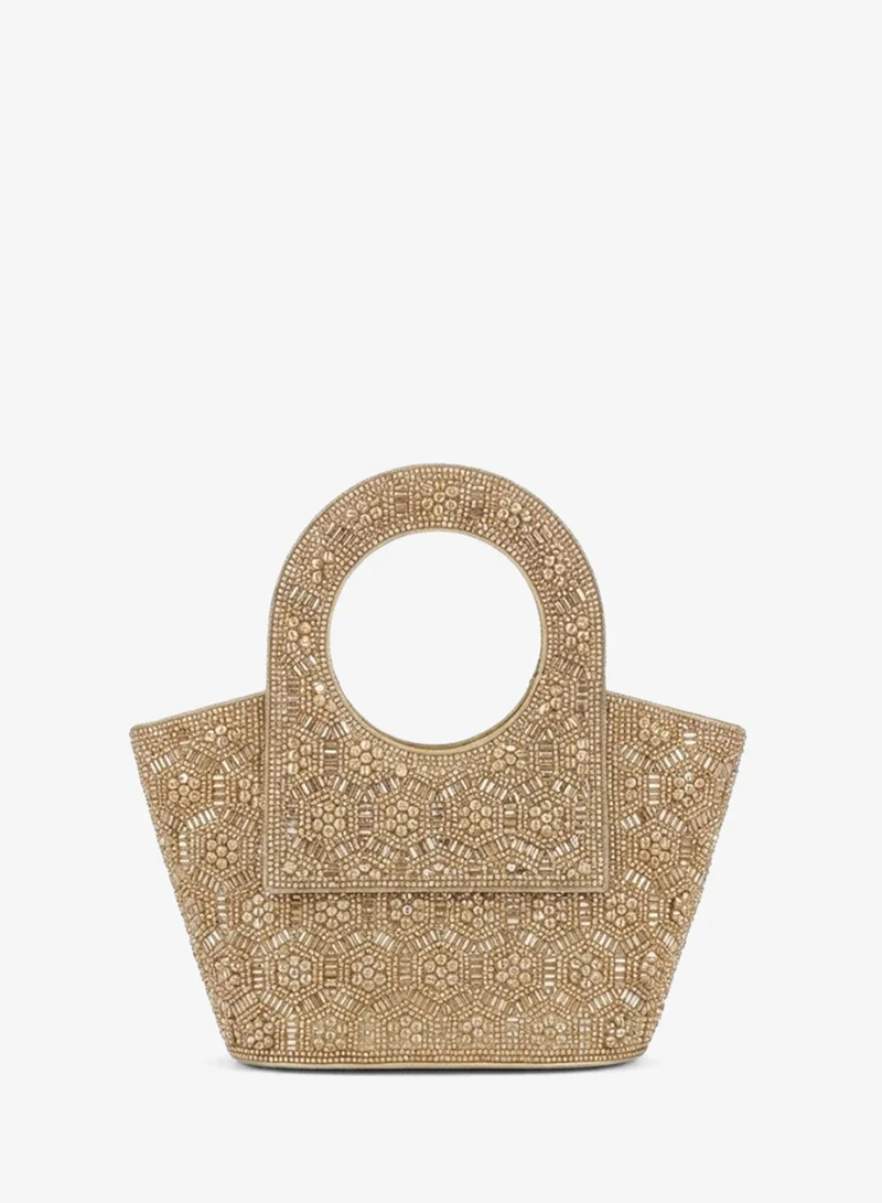 Viny Women's Crystal Medallion Clutch Bag – Floral Beaded Design with Ring Handle & Detachable Chain Strap
