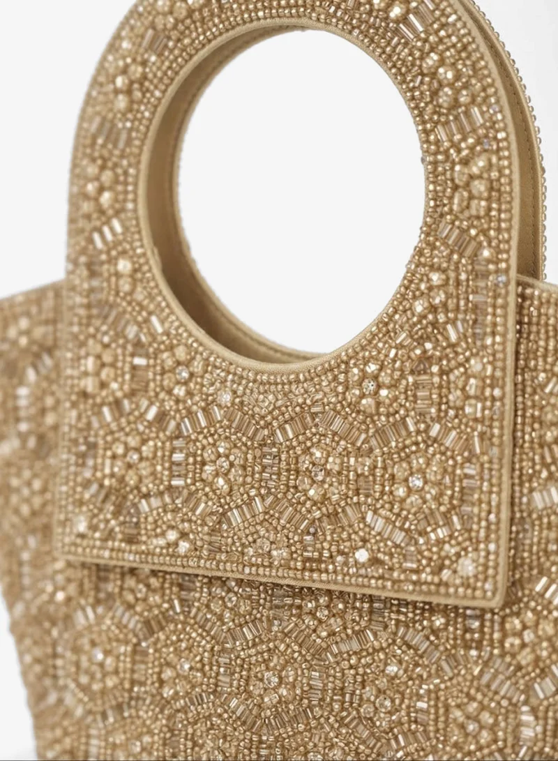 Viny Light Gold Viny Women's Crystal Medallion Clutch Bag – Floral Beaded Design with Ring Handle & Detachable Chain Strap for Women | Best Price UAE