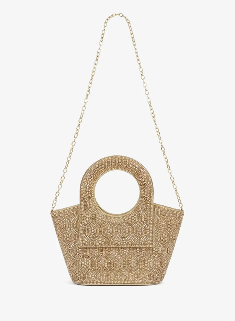 Viny Light Gold Viny Women's Crystal Medallion Clutch Bag – Floral Beaded Design with Ring Handle & Detachable Chain Strap for Women | Best Price UAE