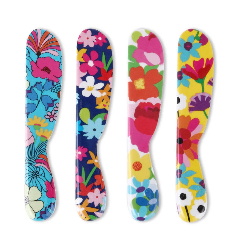 فرنسي بول 6 ملعقة زبدة ميلامين مجموعة 4 قطع سكاكين ملونة مرحة وحيوية لجبنة الكريمة والمربى والهلام والمايونيز والتزيين والسندويشات غير قابلة للكسر خالية من BPA وآمنة في غسالة الصحون 6 بوصات زهور الحديقة