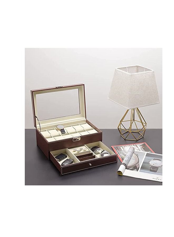 PADOM صندوق ساعة بادوم مع غطاء زجاجي، 12 فتحة من جلد البولي يوريثان، منظم للساعة من طبقتين مع درج مجوهرات للتخزين والعرض (بني) - Image 2