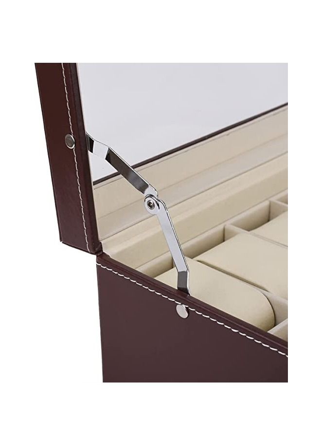 PADOM صندوق ساعة بادوم مع غطاء زجاجي، 12 فتحة من جلد البولي يوريثان، منظم للساعة من طبقتين مع درج مجوهرات للتخزين والعرض (بني) - Image 3