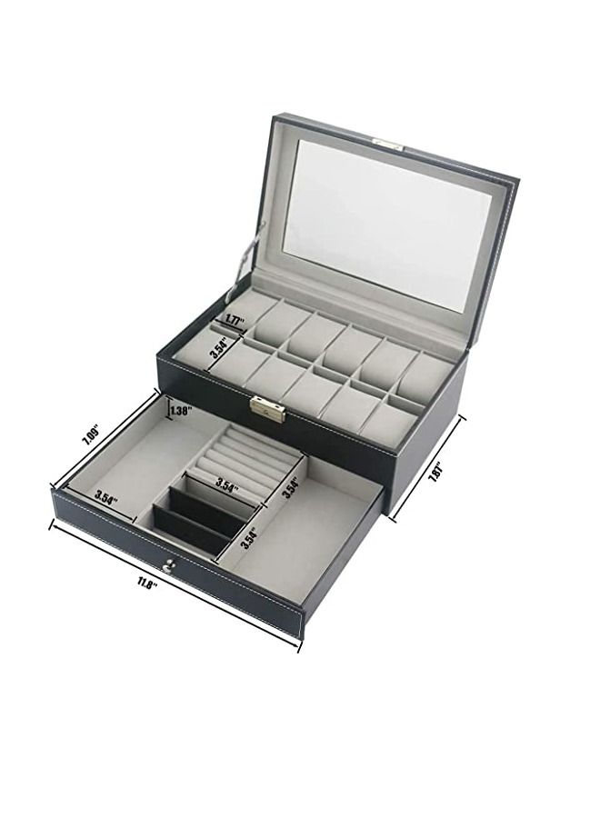 PADOM صندوق ساعة بادوم مع غطاء زجاجي، 12 فتحة من جلد البولي يوريثان، منظم للساعة من طبقتين مع درج مجوهرات للتخزين والعرض (بني) - Image 5