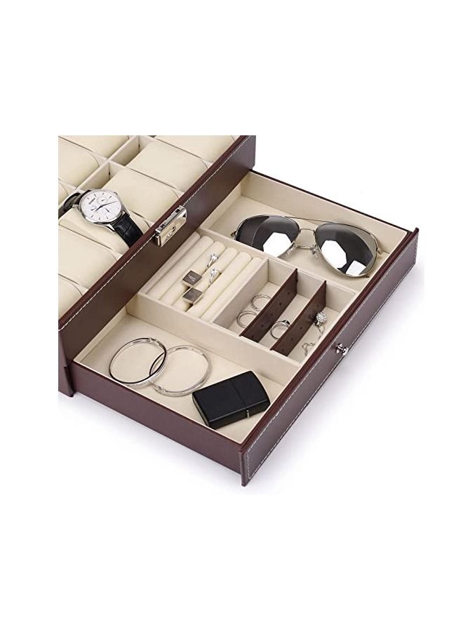 PADOM صندوق ساعة بادوم مع غطاء زجاجي، 12 فتحة من جلد البولي يوريثان، منظم للساعة من طبقتين مع درج مجوهرات للتخزين والعرض (بني) - Image 4